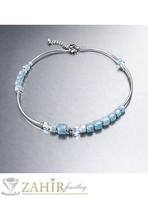 Ултра модерно ръчно изработено колие от стоманени дъгички, естествен син аквамарин куб фасета, луксозни кубични кристали и стоманени накрайници - KA1160